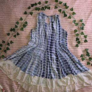 Stunning Blue Tie-Dye Lightweight Casual Sundress, with White Trim, A-line Skirt